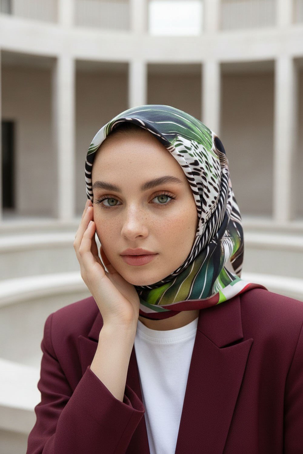 %100 Twill İpek Geometrik Desenli Bordo - Krem Renkli 90x90 Eşarp Dikim Şekli : El Dikişi