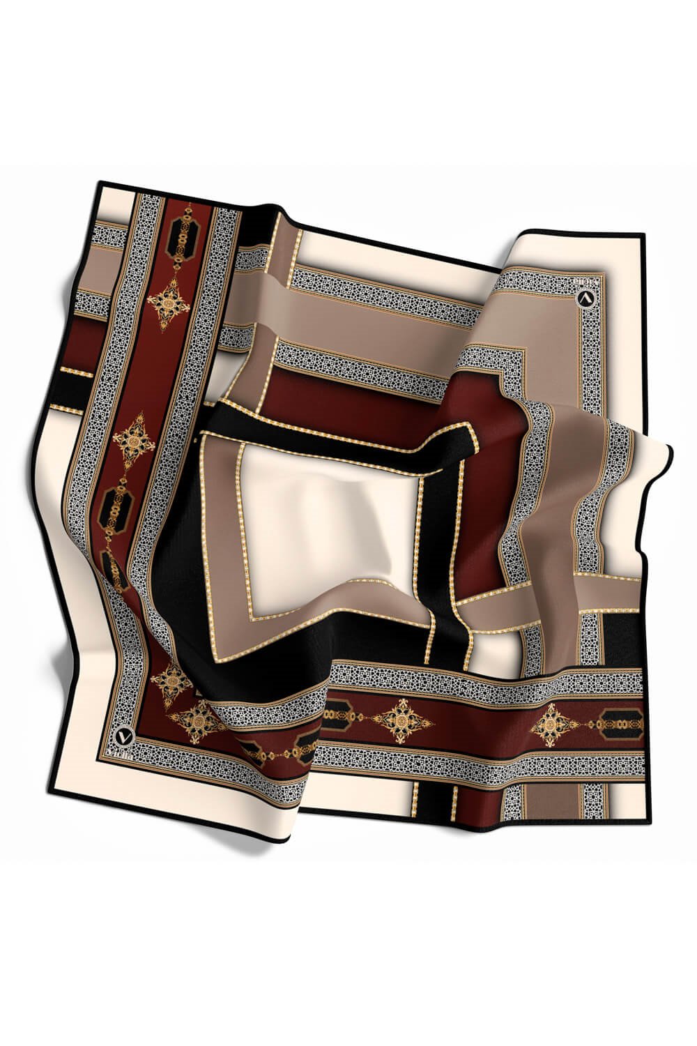 Twill Gold Detaylı ve Antik Motif Desenli Bordo Renkli 90x90 Eşarp (İpek İçermez) Kenar Dikiş Şekli El Dikişli