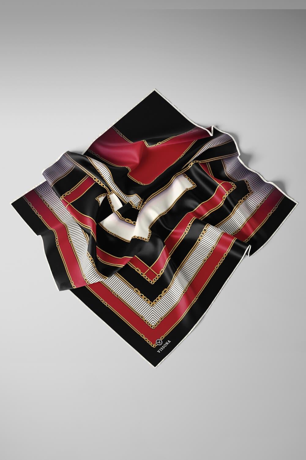 %100 Twill İpek Zincir Detaylı Geometrik Desenli Bordo - Siyah Renkli 90x90 Eşarp Dikim Şekli : El Dikişi