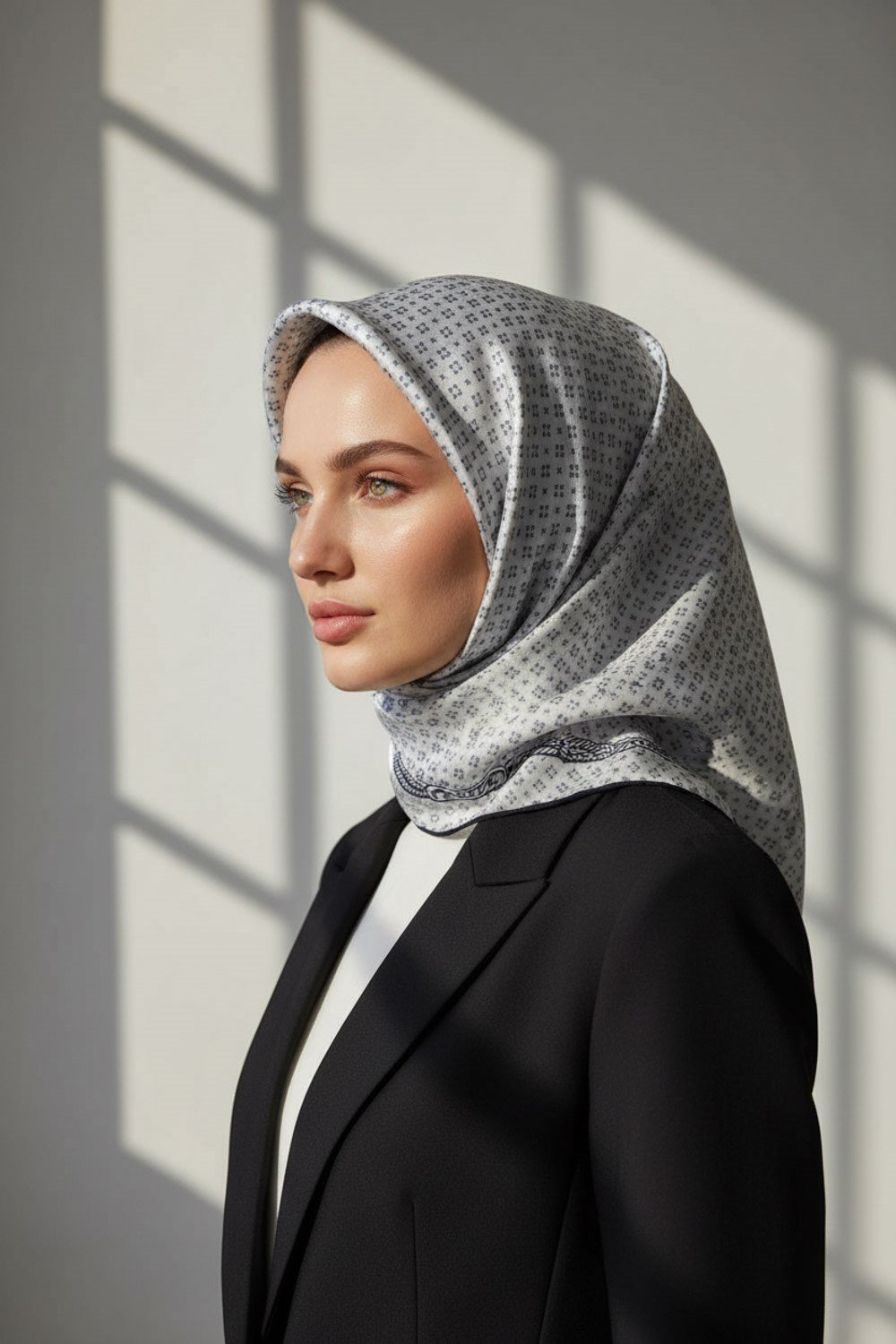 %100 Twill İpek Zincir Desenli Gümüş - Siyah Renkli 90x90 Eşarp Dikim Şekli : El Dikişi