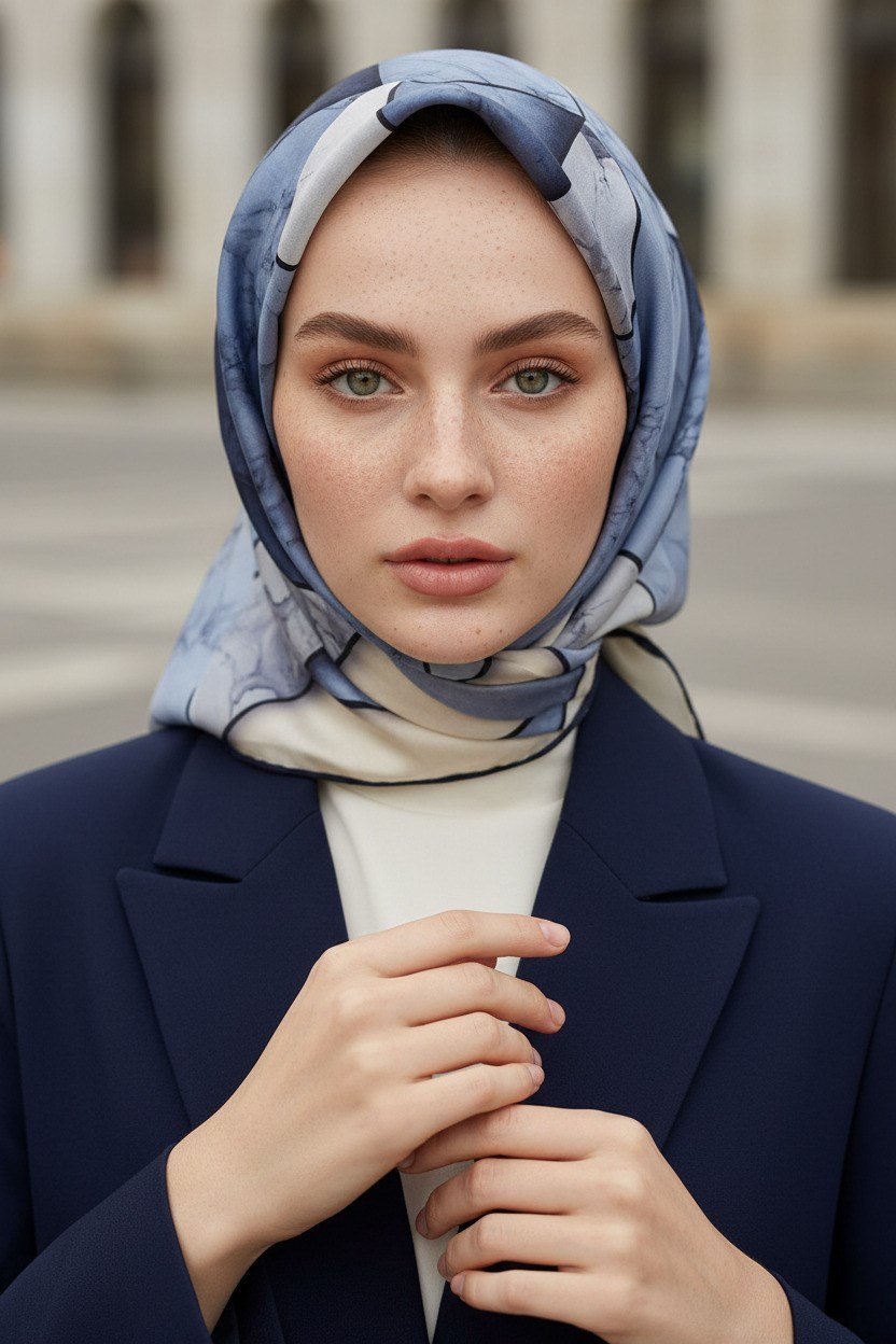 %100 Twill İpek Mermer Desenli İndigo - Lacivert Renkli 90x90 Eşarp Dikim Şekli : El Dikişi