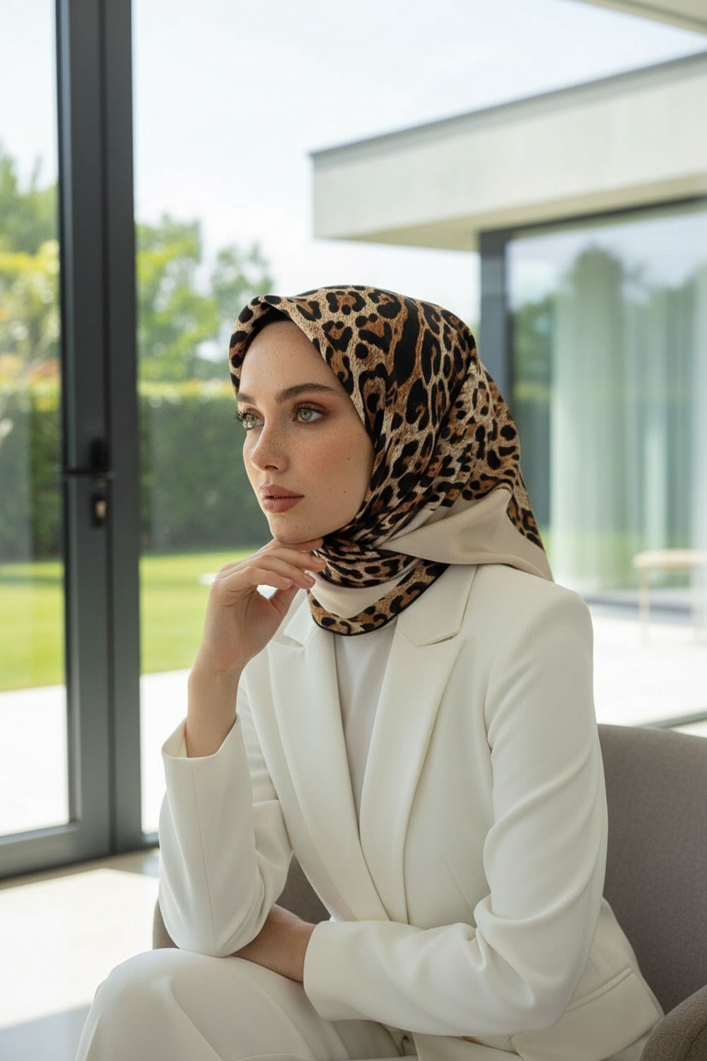 %100 Twill İpek Leopar Desenli Krem Renkli 90x90 Eşarp Dikim Şekli : El Dikişi