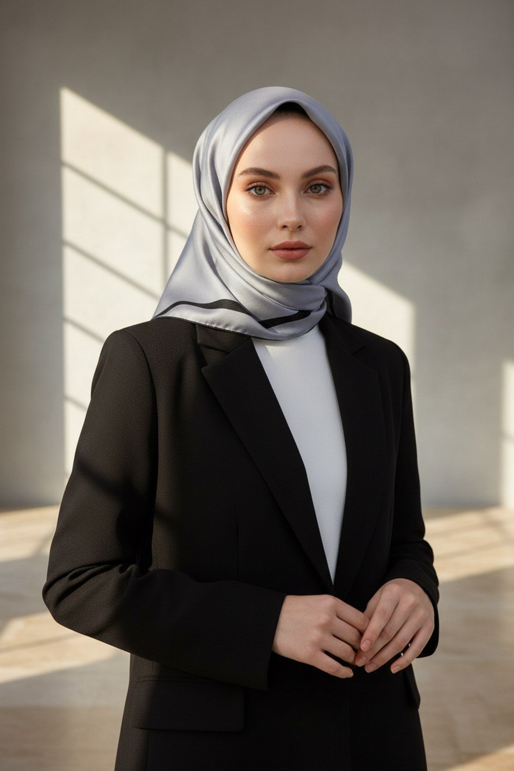 100% Twill İpek Düz Renk Bordür Desenli Gri Siyah Renkli Daha Tok Exclusive Serisi 90x90 Dikim Şekli : El Dikişi Eşarp