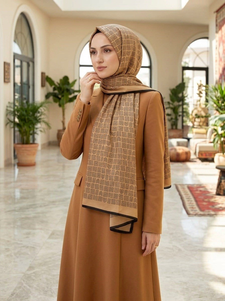 %100 Saf İpek Şal İnce Saten Vual Dokuma Etnik Desenli Gold - Siyah Renkli 90x210 Şal