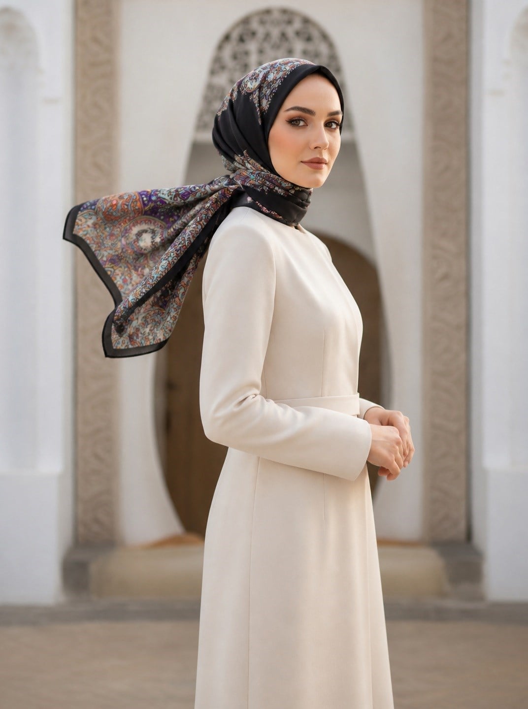 %100 İpek Etnik Desenli Siyah Renkli 92x210 Şal