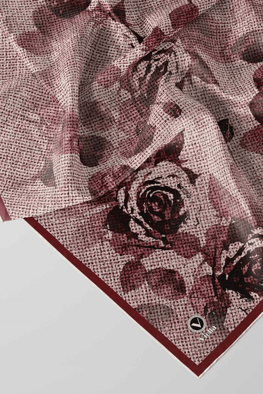 Twill Gül Desenli Pembe Renkli 90x90 Eşarp (İpek İçermez) Kenar Dikiş Şekli El Dikişli