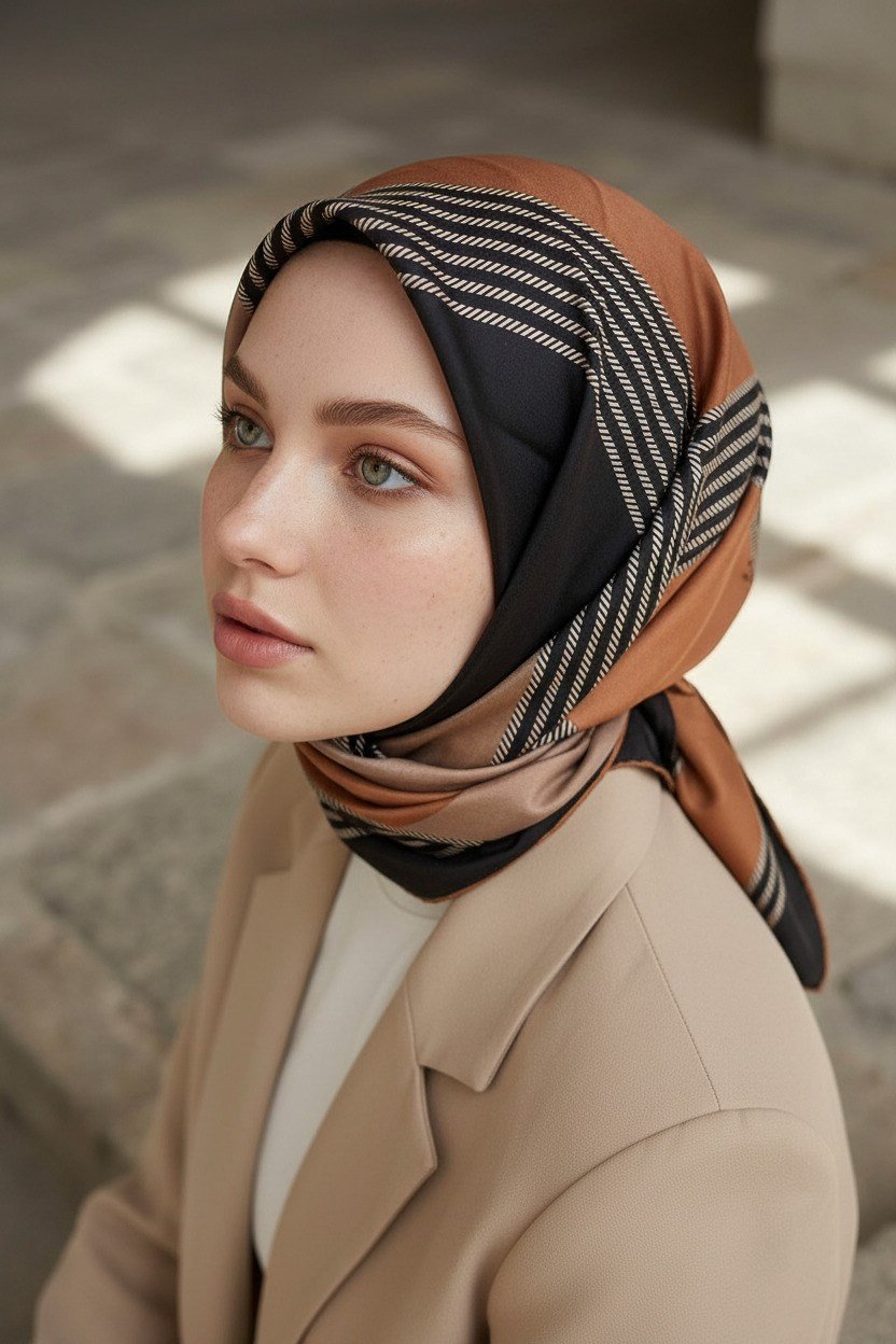 % 57 İPEK % 43 VİSKON Twill İpek Geometrik Desenli Hardal Renkli 90x90 Eşarp Dikim Şekli : El Dikişi