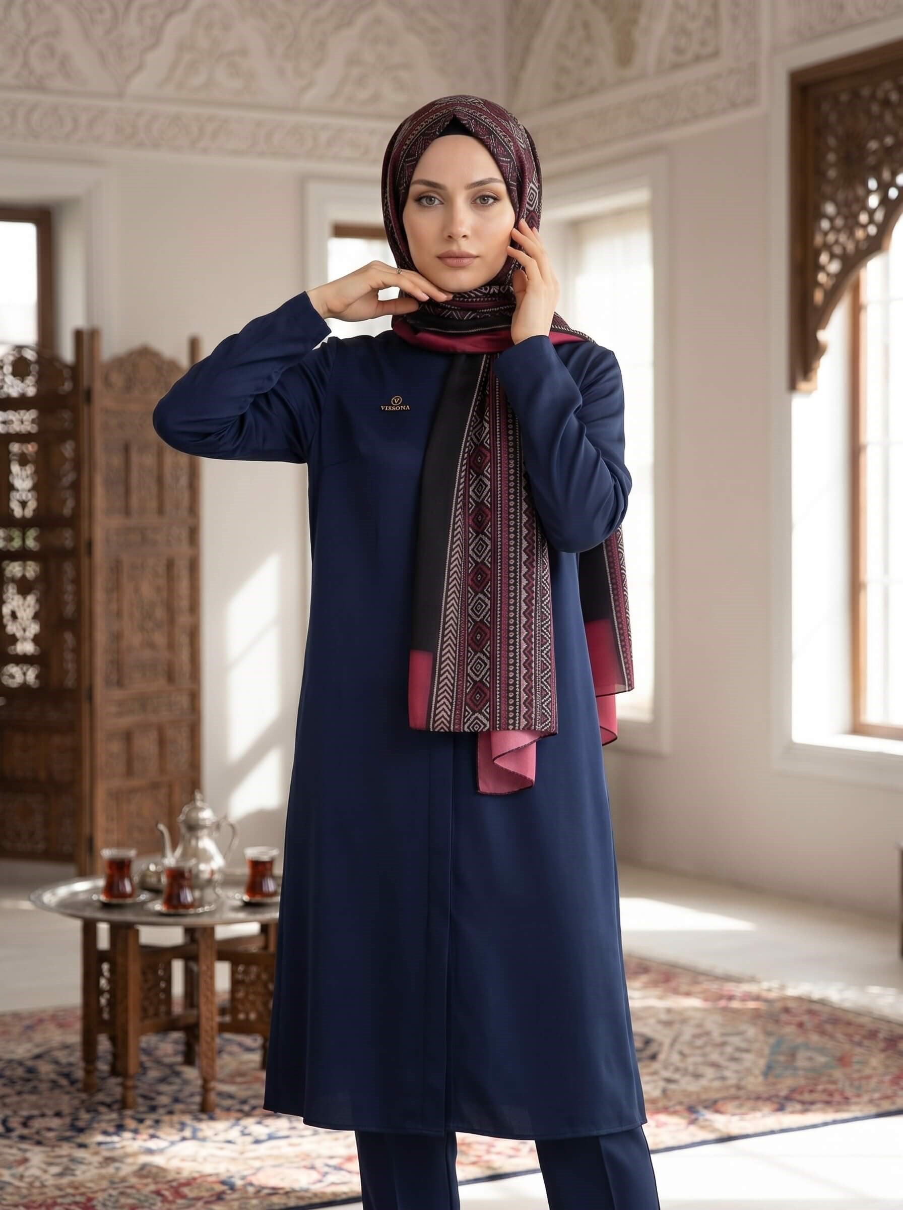 %100 Saf İpek Şal İnce Saten Vual Dokuma Etnik Desenli Siyah - Bordo Renkli 90x210 Şal