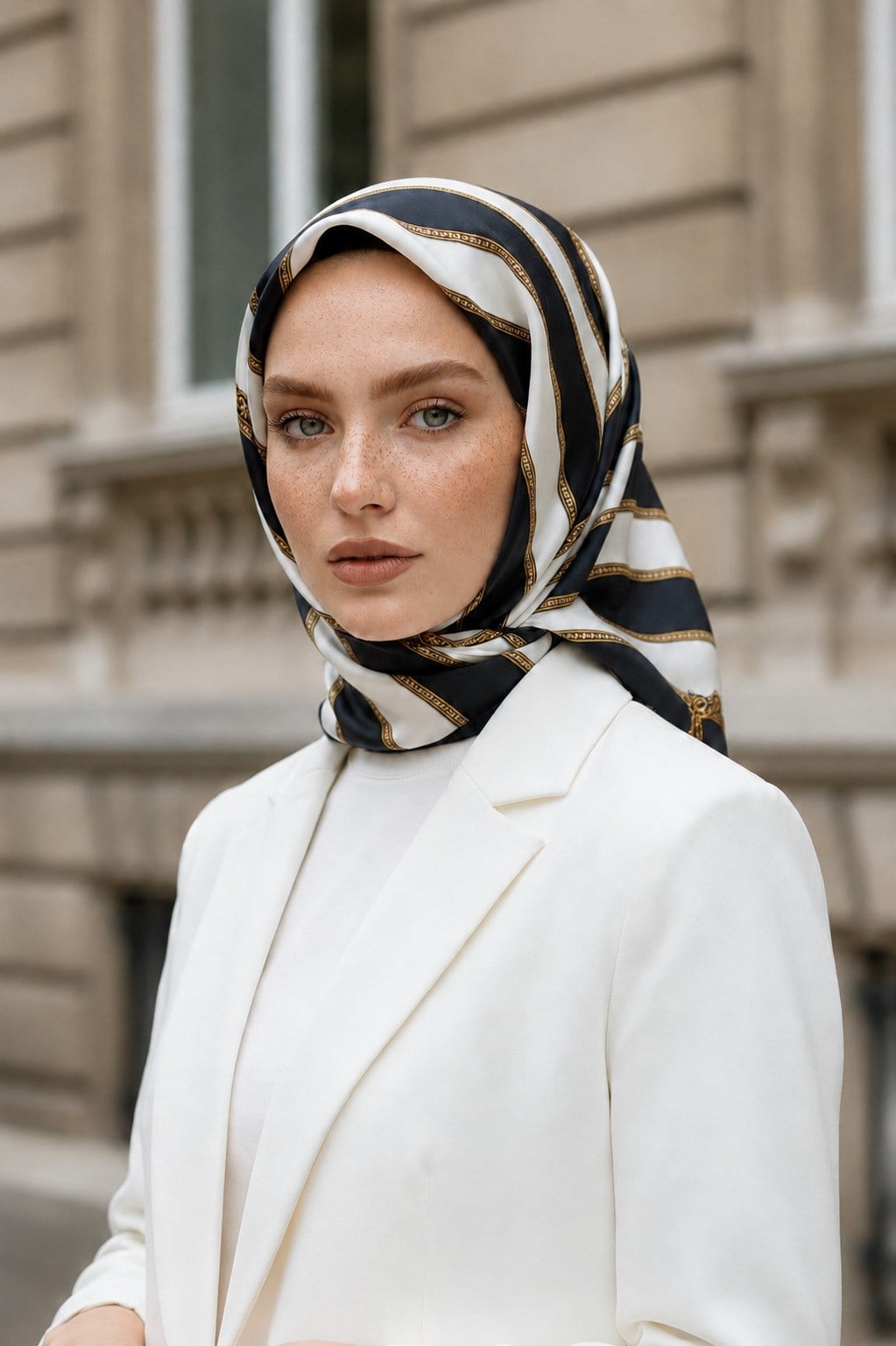 %100 Twill İpek Kemer Desenli Lacivert - Krem Renkli 90x90 Eşarp Dikim Şekli : El Dikişi