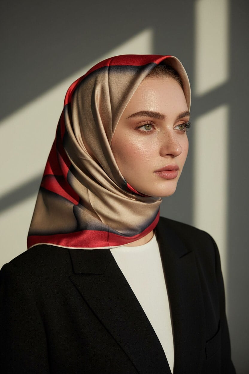 %100 Twill Renk Bloklu Çizgili Desenli Kırmızı - Bej Renkli 90x90 Eşarp Dikim Şekli: El Dikişii