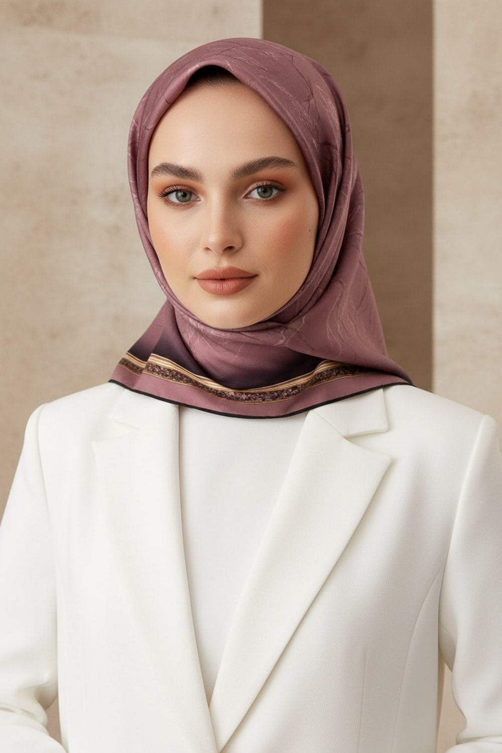 %100 Twill İpek Mermer Desenli Gül Kurusu Renkli 90x90 Eşarp Dikim Şekli : El Dikişi