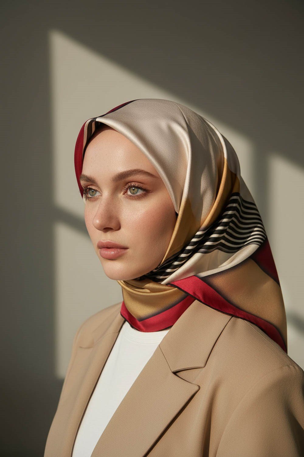 %100 Twill İpek Çizgili ve Geometrik Desenli Bordo - Vizon Renkli 90x90 Eşarp Dikim Şekli : El Dikişi