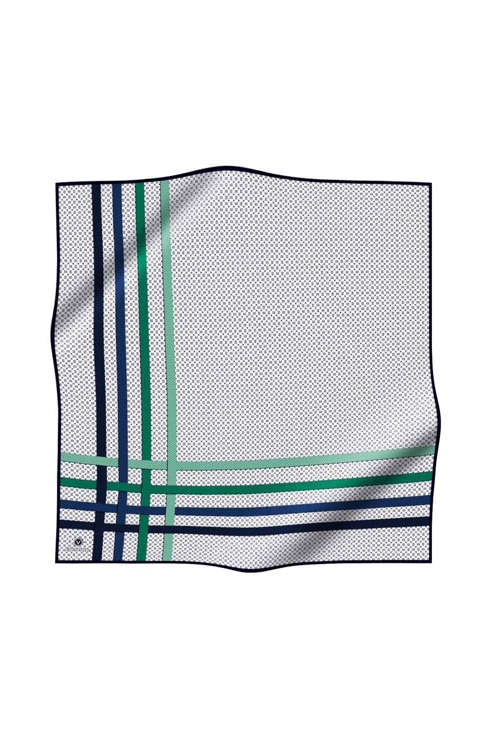%100 Twill İpek Bantlı Monogram Desenli Zümrüt Yeşili - Lacivert Renkli 90x90 Eşarp Dikim Şekli : El Dikişi