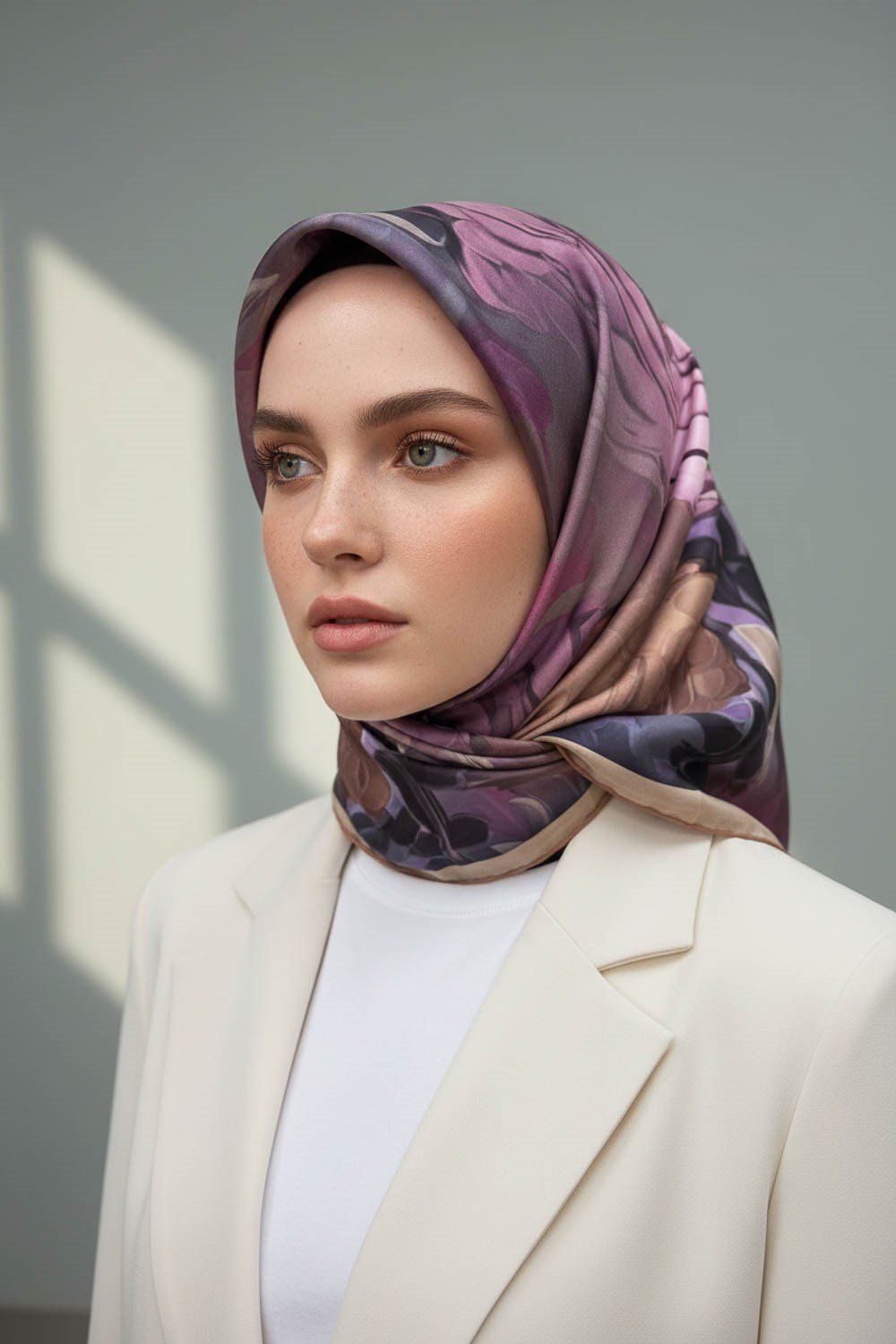 %100 Twill İpek Dumanlı Çiçek Desenli Somon - Lila Renkli 90x90 Eşarp Kenar Dikiş Şekli El Dikişli
