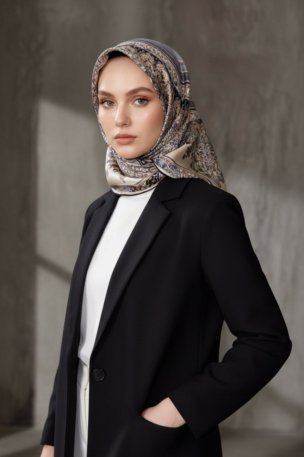 %100 Twill İpek Şal Desenli Gri Renkli 90x90 Eşarp Dikim Şekli : El Dikişi