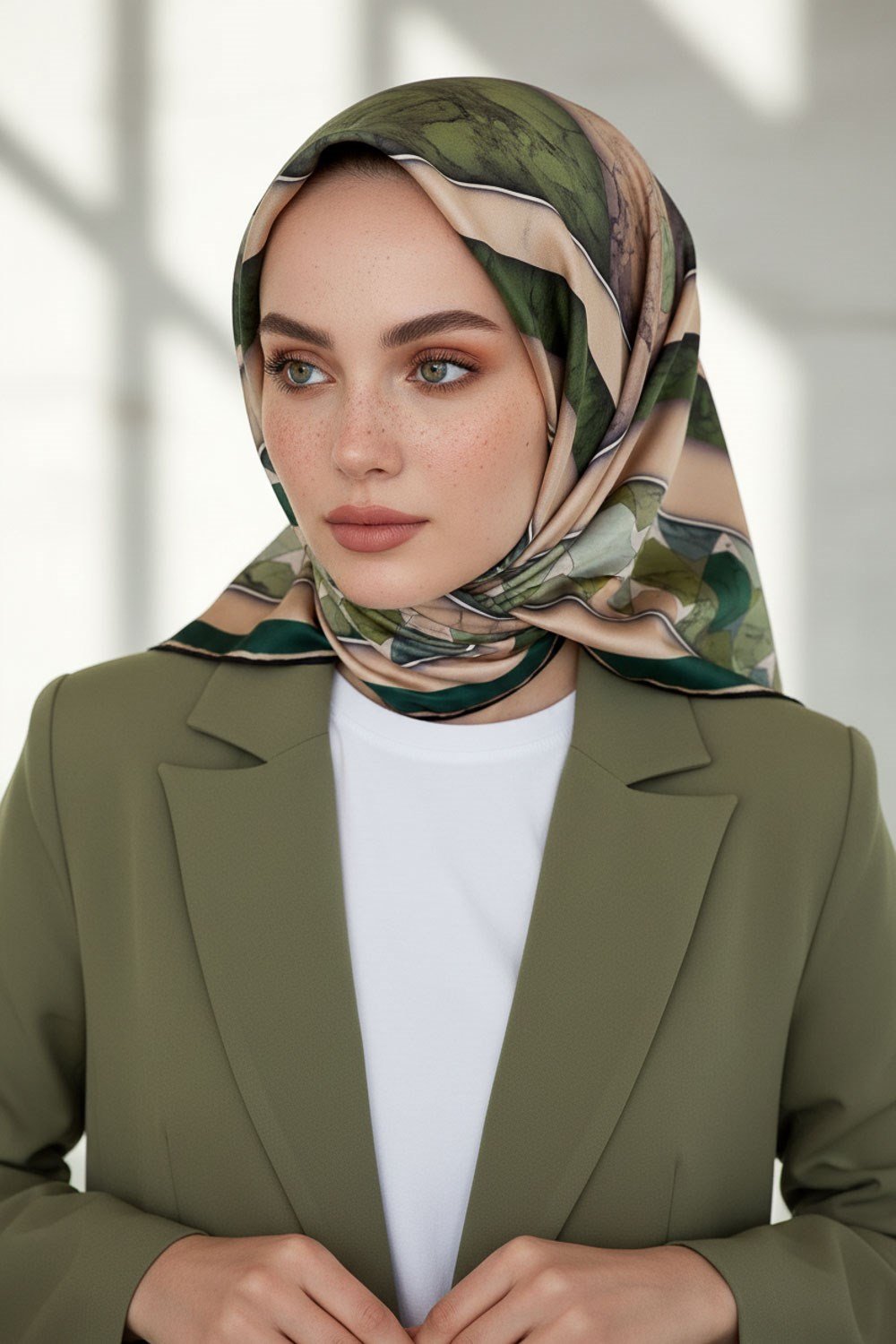 %100 Twill İpek Mermer Efektrli Geometrik Desenli Haki - Bej Renkli 90x90 Eşarp Dikim Şekli : El Dikişi