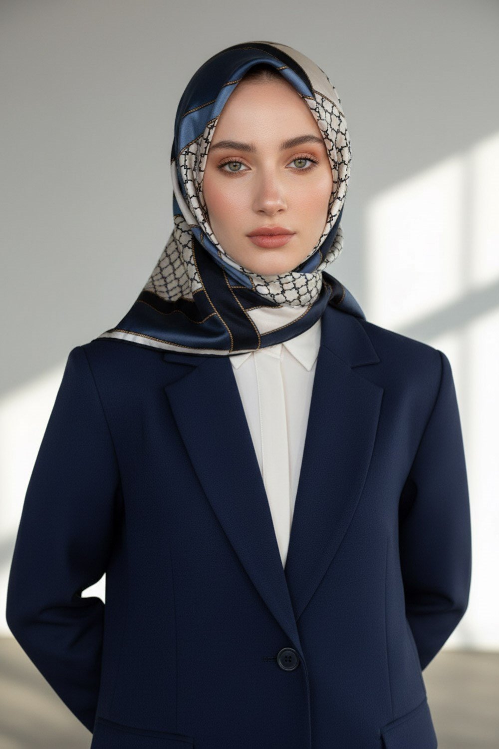 %100 Twill İpek Geometrik Desenli Lacivert - İndigo Renkli 90x90 Eşarp Dikim Şekli : El Dikişi
