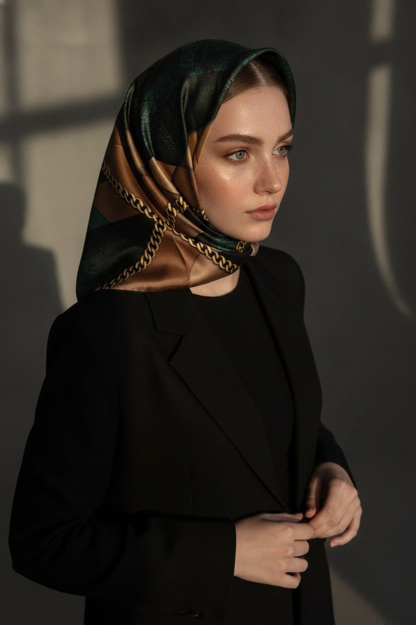 %100 Twill İpek Taş Efekti Desenli Petrol Yeşili - Siyah Renkli 90x90 Eşarp Dikim Şekli : El Dikişi