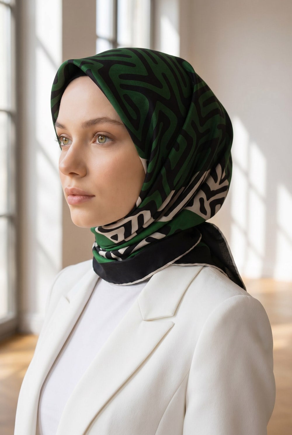 100% Twill İpek Bordürlü Dalga Desenli Siyah - Zümrüt Yeşili Renkli 90x90 Dikim Şekli : El Dikişi Eşarp