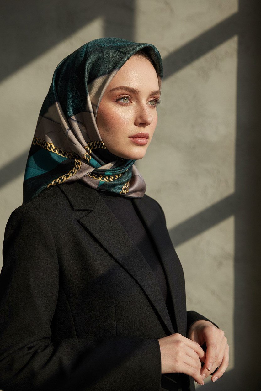 %100 Twill İpek Taş Efekti Desenli Petrol Mavisi - Siyah Renkli 90x90 Eşarp Dikim Şekli : El Dikişi
