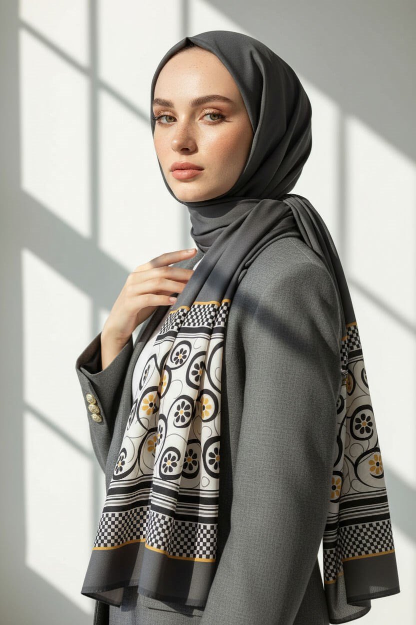 KREP KENAR MOTİFİ ÇİÇEK DESENLİ GRİ RENKLİ 75X195 KIRIŞMAZ ŞAL