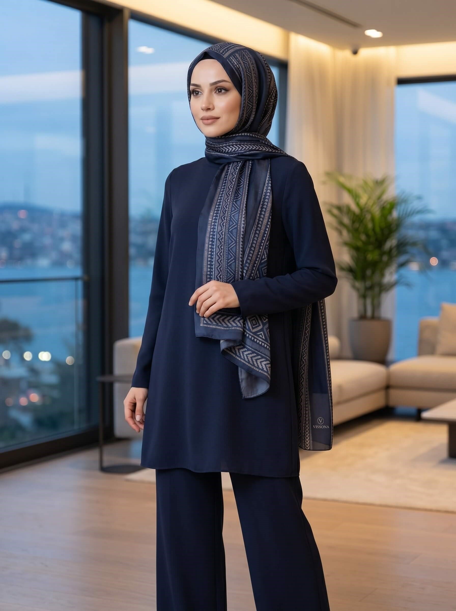 %100 Saf İpek Şal İnce Saten Vual Dokuma Etnik Desenli Lacivert - İndigo Renkli 90x210 Şal