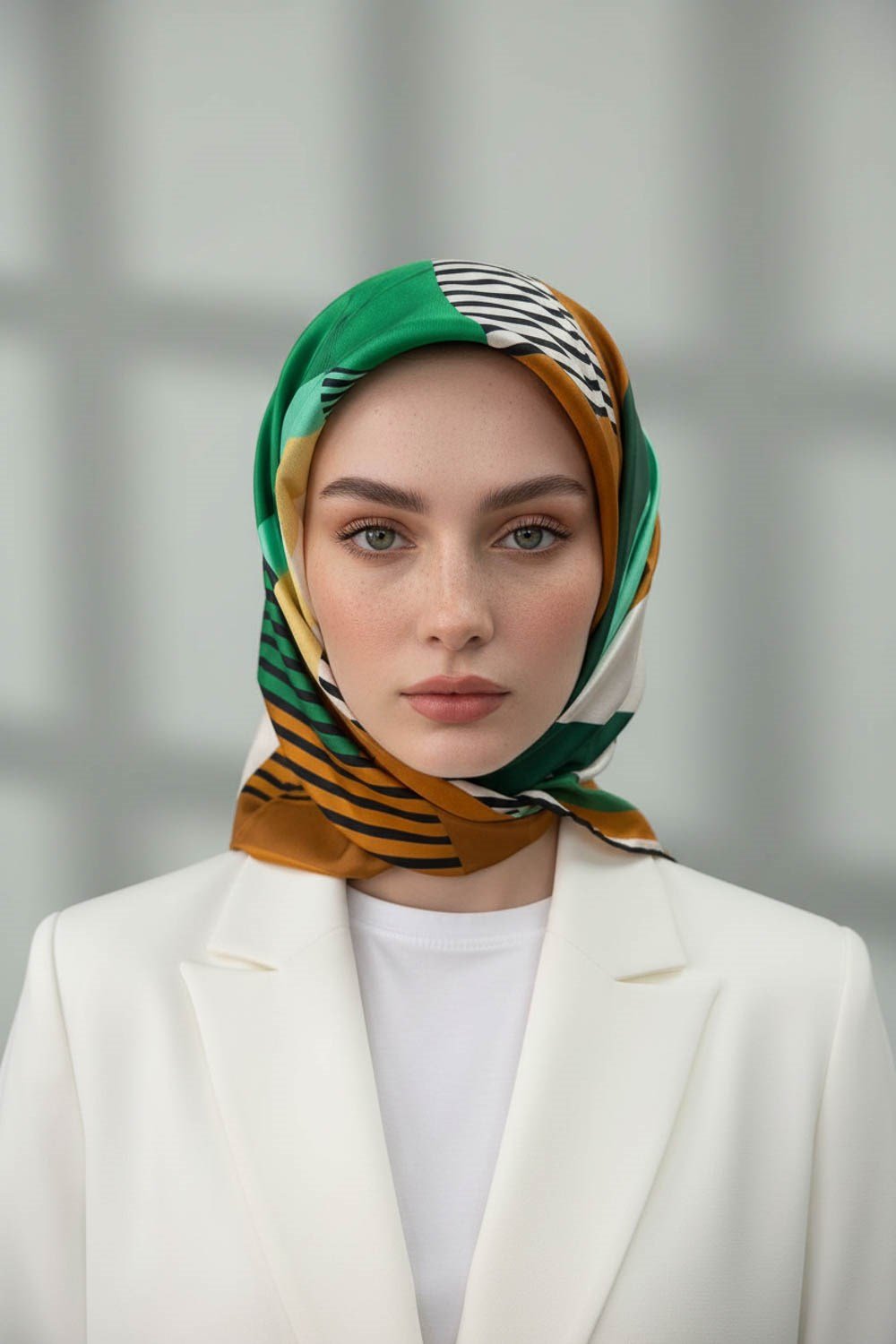 100% Twill İpek Geometrik Desenli Zümrüt Yeşili - Hardal Renkli 90x90 Dikim Şekli : El Dikişi Eşarp