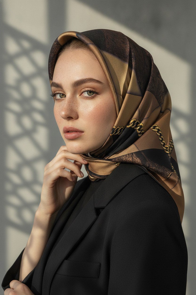 %100 Twill İpek Taş Efekti Desenli Hardal - Siyah Renkli 90x90 Eşarp Dikim Şekli : El Dikişi