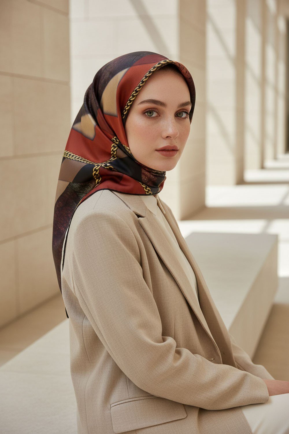%100 Twill İpek Taş Efekti Desenli Taba - Siyah Renkli 90x90 Eşarp Dikim Şekli : El Dikişi
