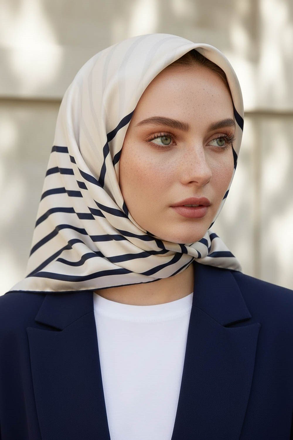 %100 Twill İpek Çizgili Desenli Krem -  Lacivert Renkli 90x90 Eşarp Dikim Şekli : El Dikişi