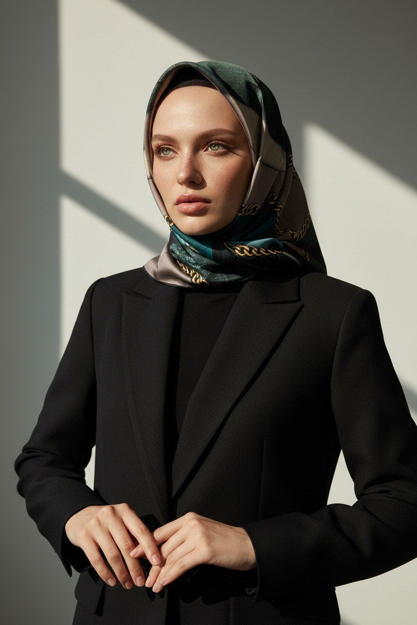 %100 Twill İpek Taş Efekti Desenli Petrol Mavisi - Siyah Renkli 90x90 Eşarp Dikim Şekli : El Dikişi