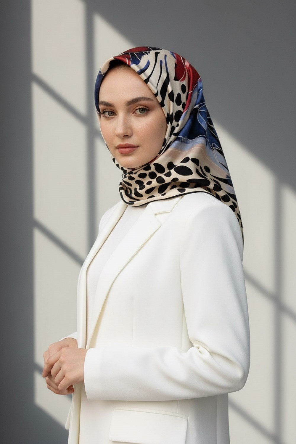 %100 Twill İpek Amazon Desenli Kırmızı- İndigo Renkli 90x90 Eşarp Kenar Dikiş Şekli El Dikişli