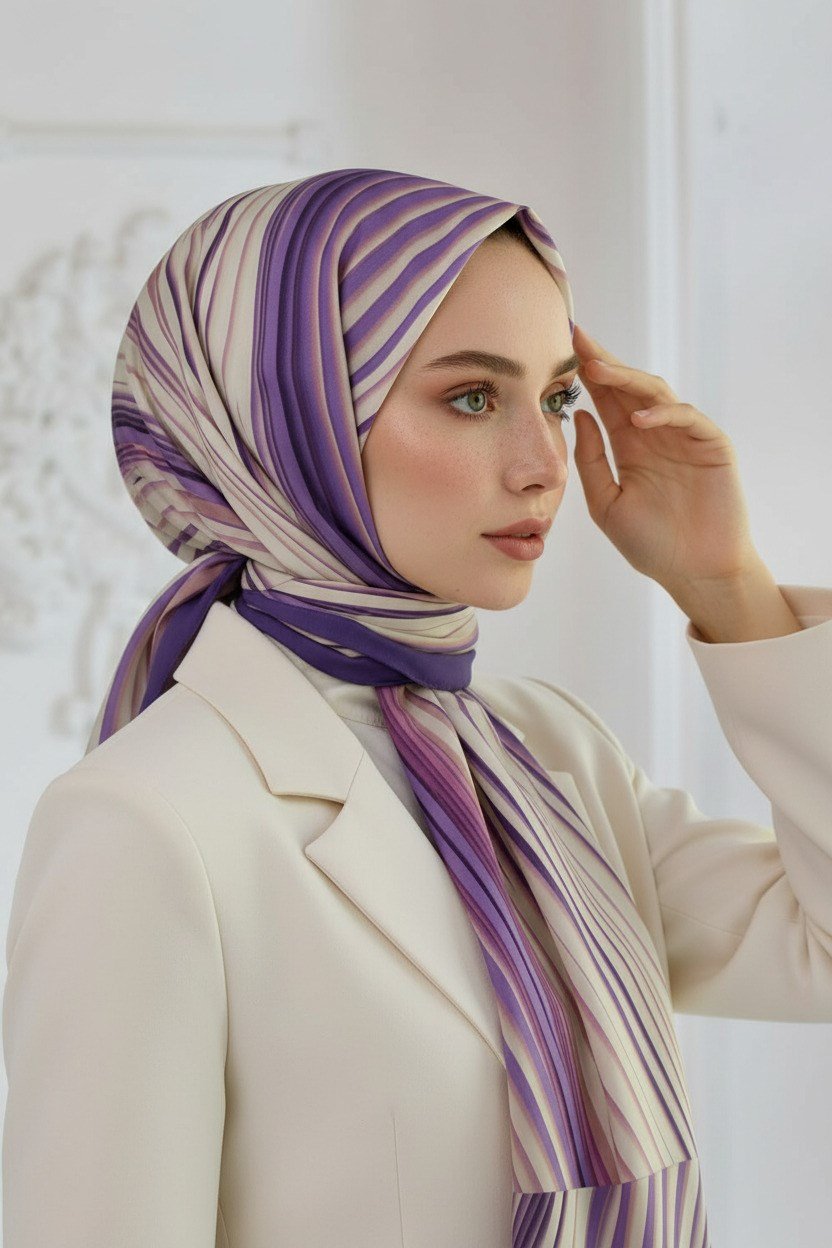 KREP ÇİZGİLİ DESENLİ LİLA RENKLİ 75X195 KIRIŞMAZ ŞAL