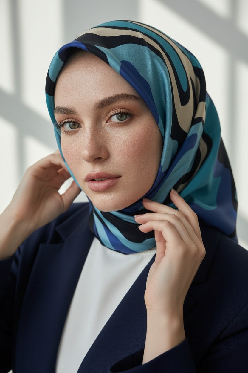 100% Twill İpek Dalga Desenli İndigo - Petrol Mavisi Renkli 90x90 Dikim Şekli : El Dikişi Eşarp