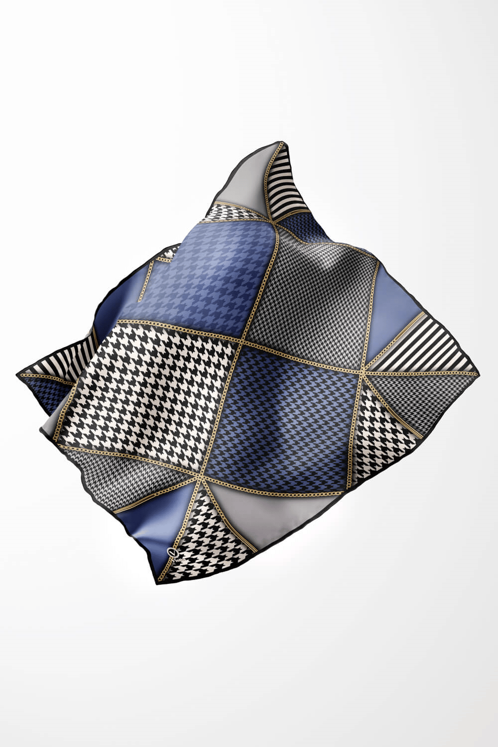 Twil Geometrik Ve Kazayak Desenli İndigo Renkli 90x90 Eşarp (İpek İçermez) Dikim Şekli : El Dikişi