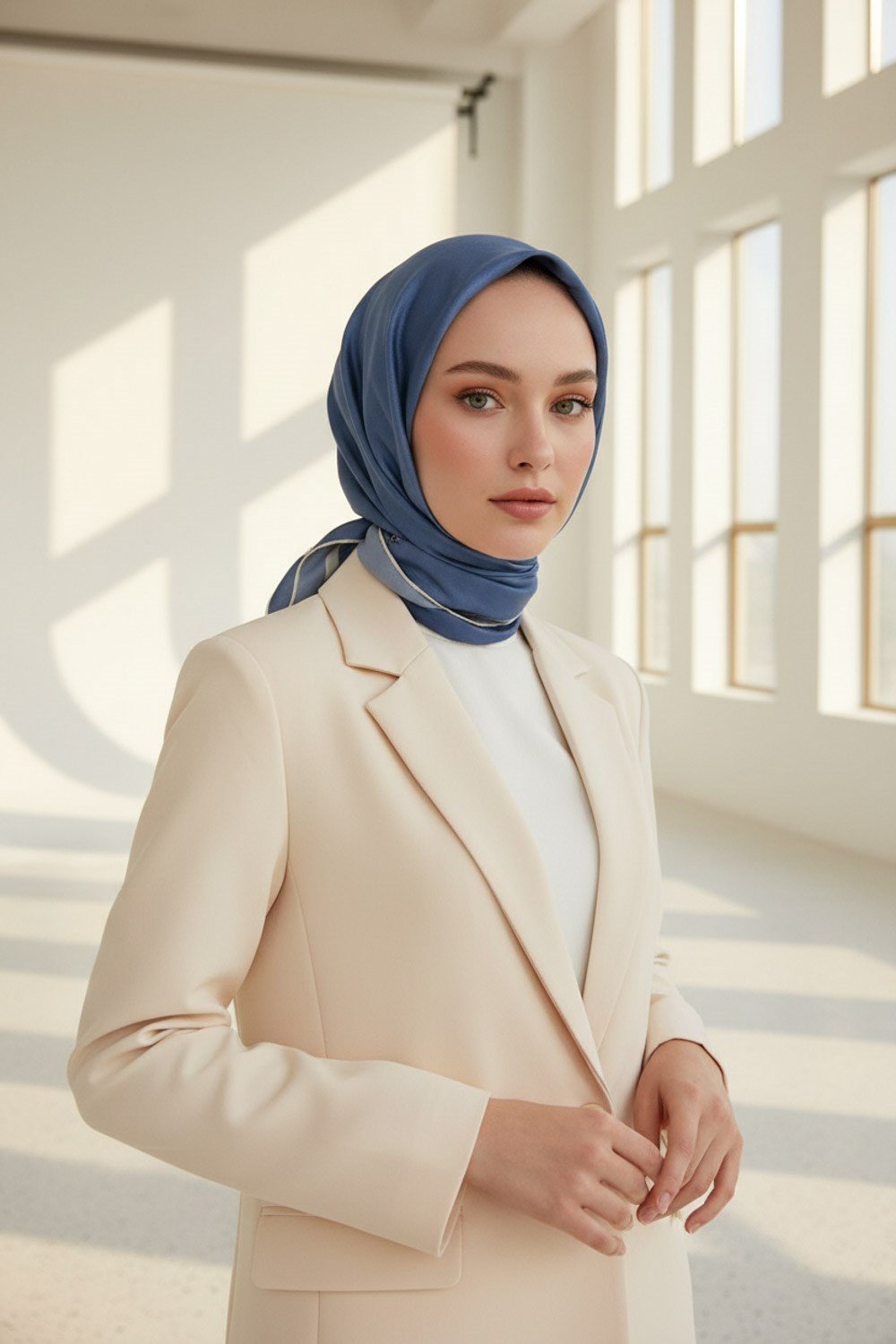 100% Twill İpek Düz Renk Bordür Desenli İndigo - Krem Renkli Daha Tok Exclusive Serisi 90x90 Dikim Şekli : El Dikişi Eşarp
