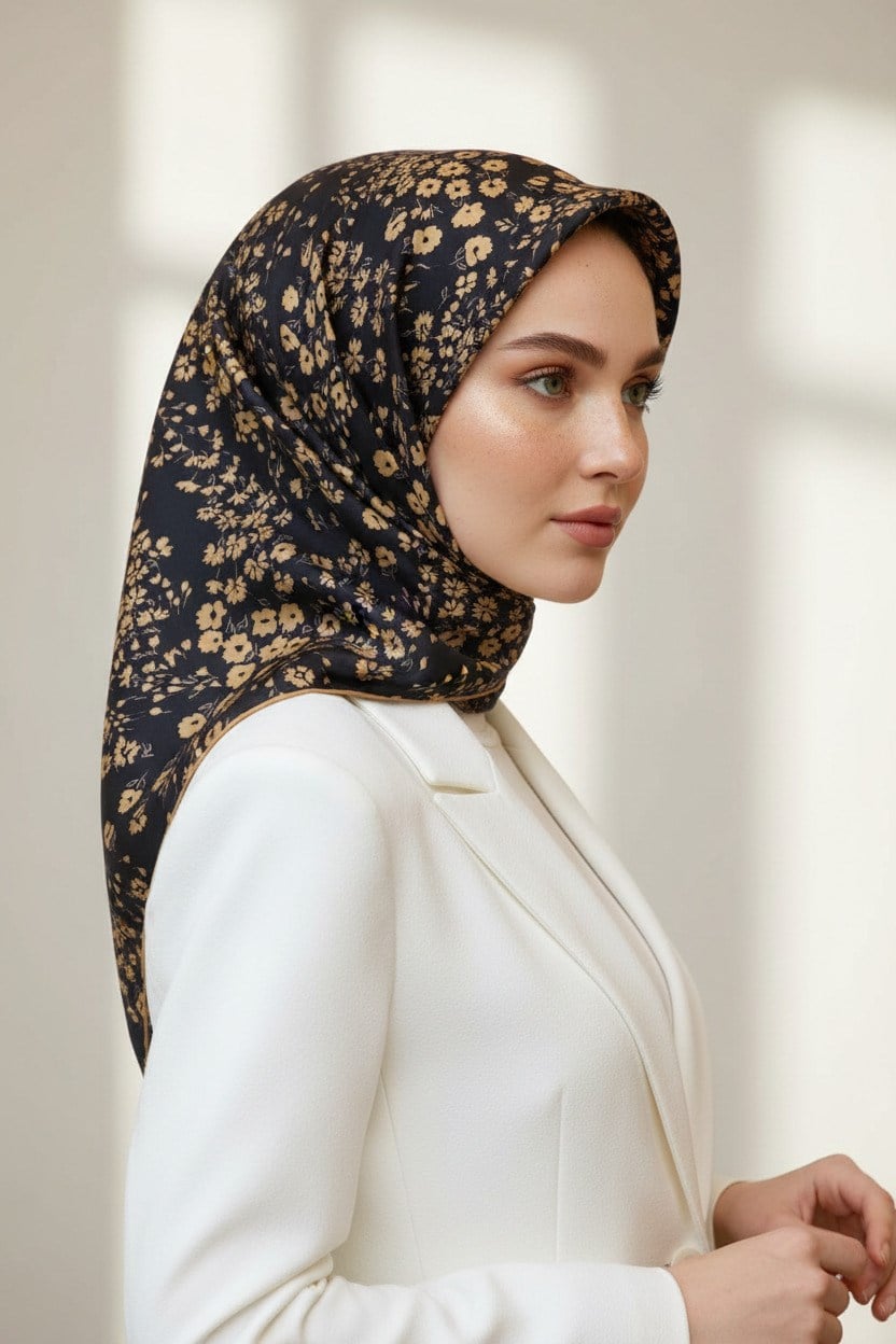 %100 Twill İpek Çıtır Çiçek Desenli Siyah - Gold Renkli 90x90 Eşarp Dikim Şekli : El Dikişi