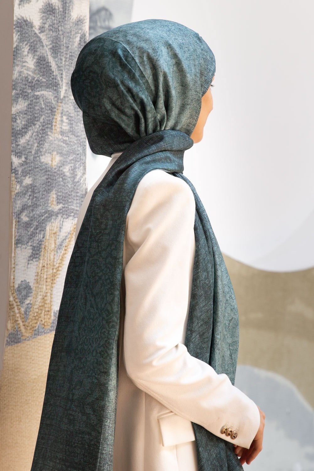 %100 Saf İpek Şal İnce Saten Vual Dokuma Damask Desenli Mint Yeşili Renkli 90x210 Şal