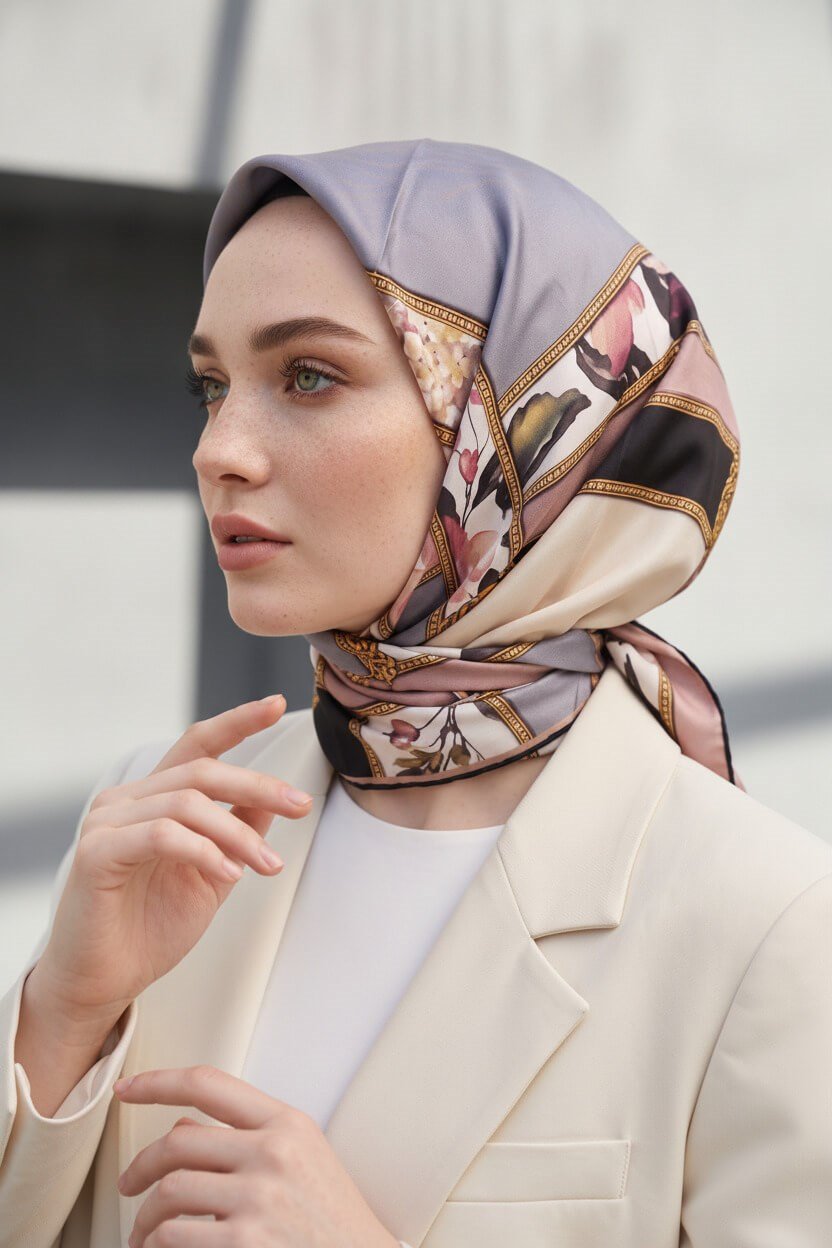 100% Twill İpek Şeritli Çiçek Desenl Gri - Pudra Renkli 90x90 Dikim Şekli : El Dikişi Eşarp