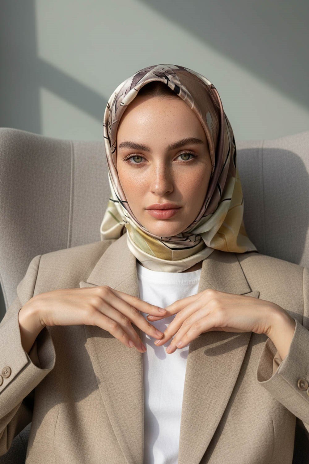 %100 Twill İpek Sulu Boya Çiçek Desenli Vizon Renkli 90x90 Eşarp Dikim Şekli : El Dikişi