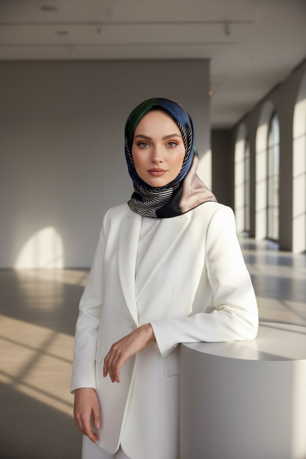 %100 Twill İpek Dokulu ve Geometrik Desenli Lacivert - Zümrüt Yeşili Renkli 90x90 Eşarp Dikim Şekli : El Dikişi