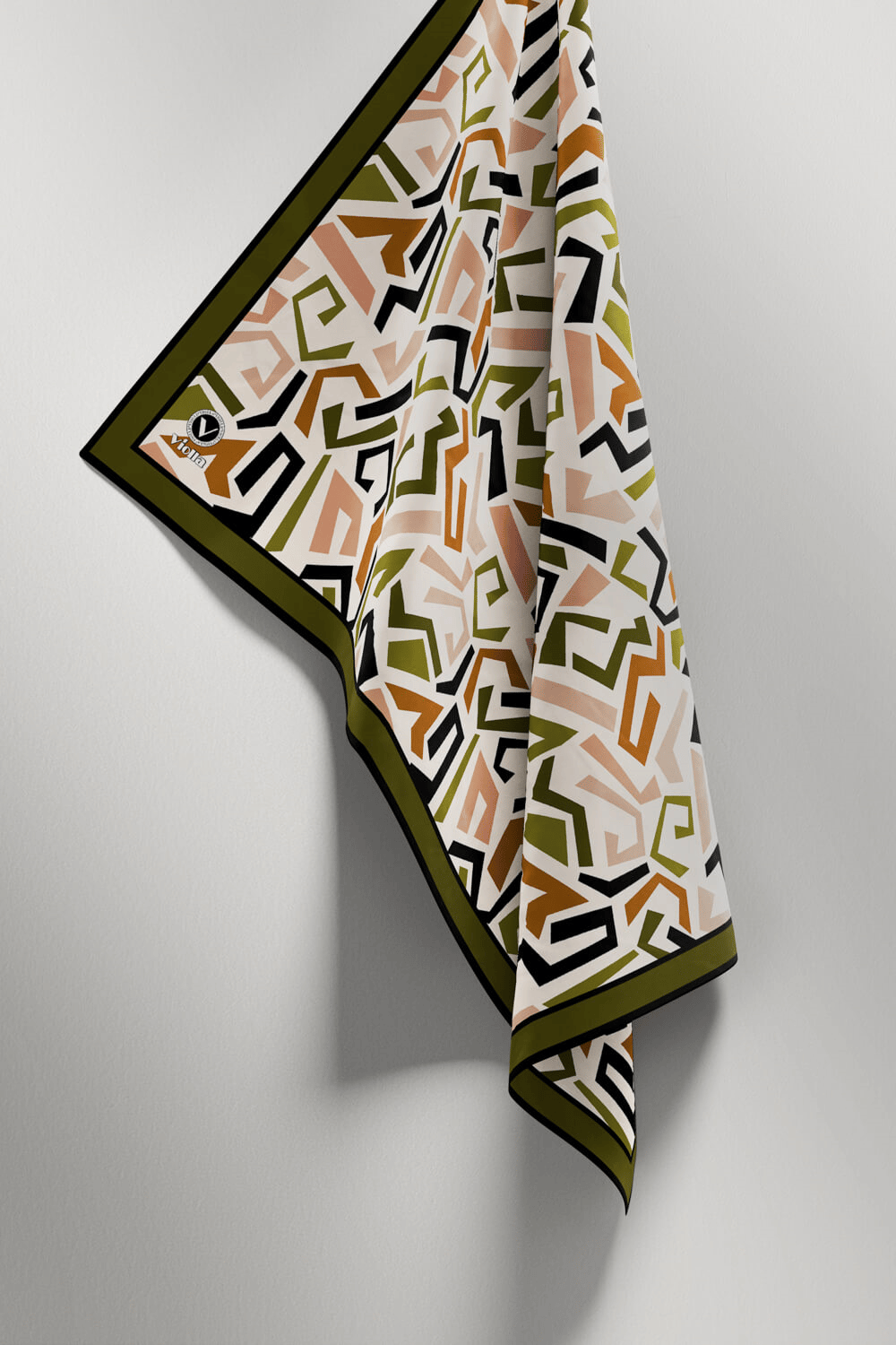 Twill Geometrik Desenli Haki Yeşili Renkli 90x90 Eşarp (İpek İçermez) Kenar Dikiş Şekli El Dikişli