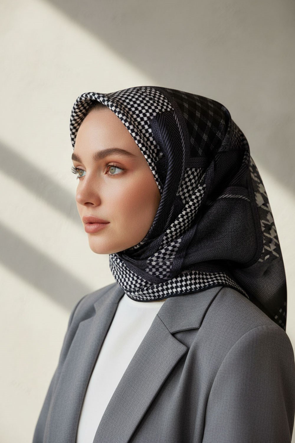 %100 Twill İpek Kazakayaklı Ve Ekose Desenli Siyah - Gri Renkli 90x90 Eşarp Dikim Şekli : El Dikişi