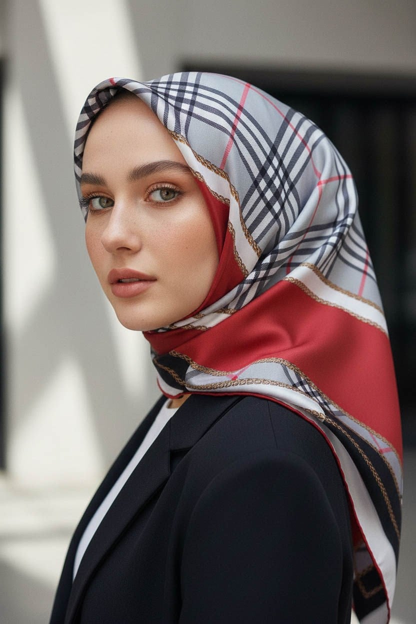 %100 Twill İpek Ekose Desenli Bordo Renkli 90x90 Eşarp Dikim Şekli : El Dikişi