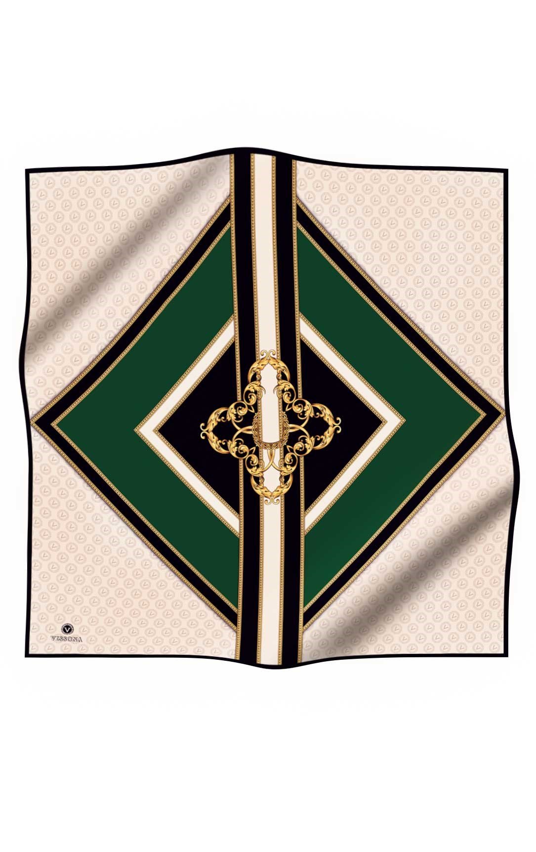%100 Twill İpek Monogram ve Barok Desenli Zümrüt Yeşili - Krem Renkli 90x90 Eşarp Dikim Şekli : El Dikişi