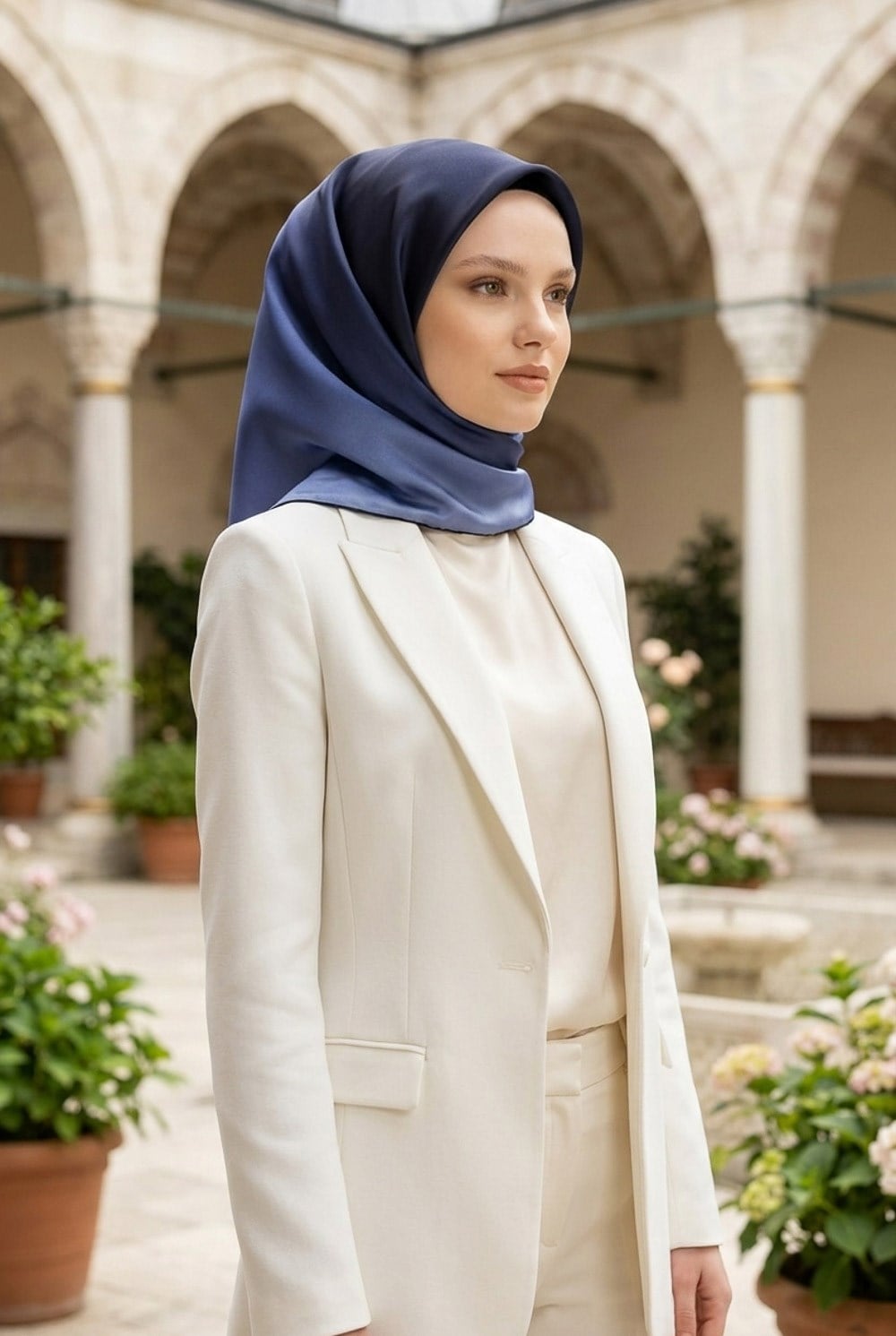 % 57 İPEK % 43 VİSKON Twill İpek Degrade Desenli Lacivert Renkli 90x90 Eşarp Dikim Şekli : El Dikişi