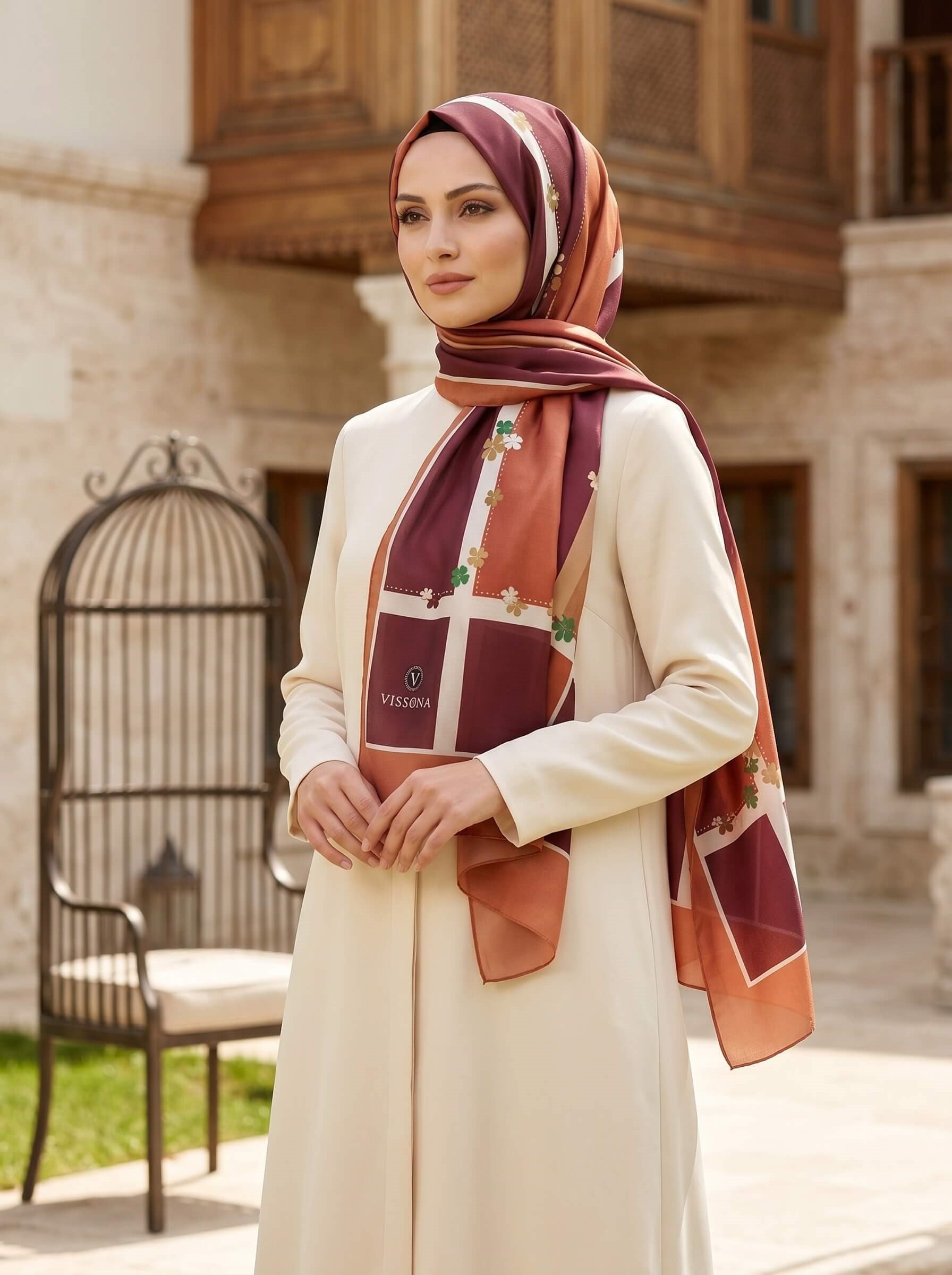 %100 Saf İpek Şal İnce Saten Vual Dokuma Çiçek Desenli Taba Renkli 90x210 Şal