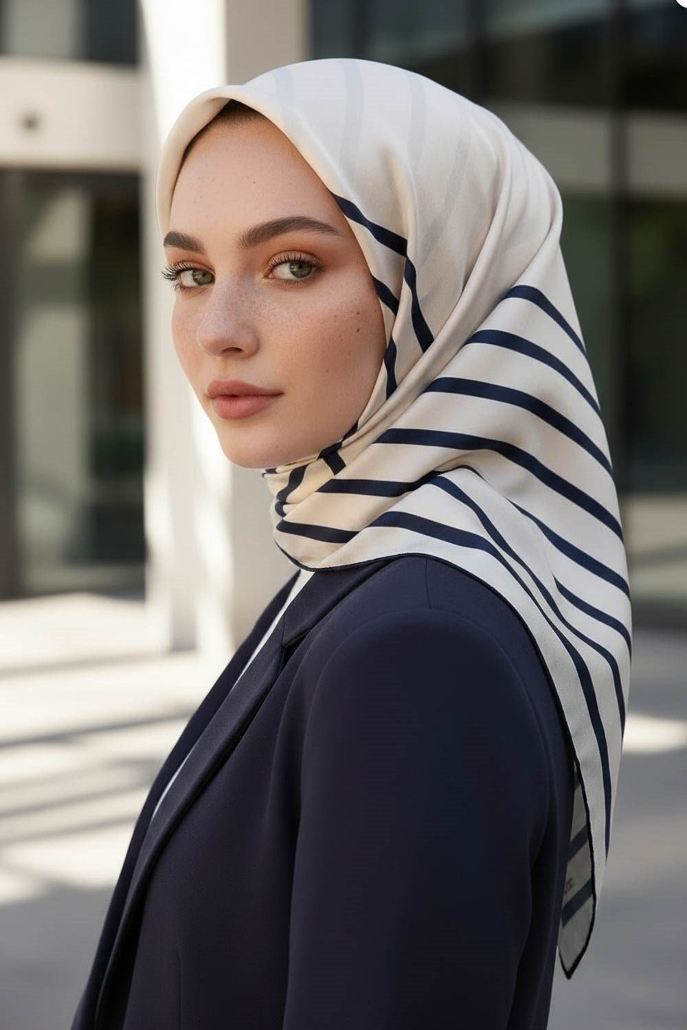 %100 Twill İpek Çizgili Desenli Krem -  Lacivert Renkli 90x90 Eşarp Dikim Şekli : El Dikişi