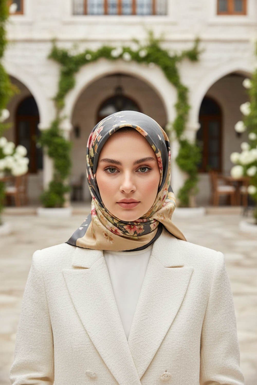 %100 Twill İpek Geometrik Ve Çiçek Desenli Siyah Renkli 90x90 Eşarp Dikim Şekli : El Dikişi
