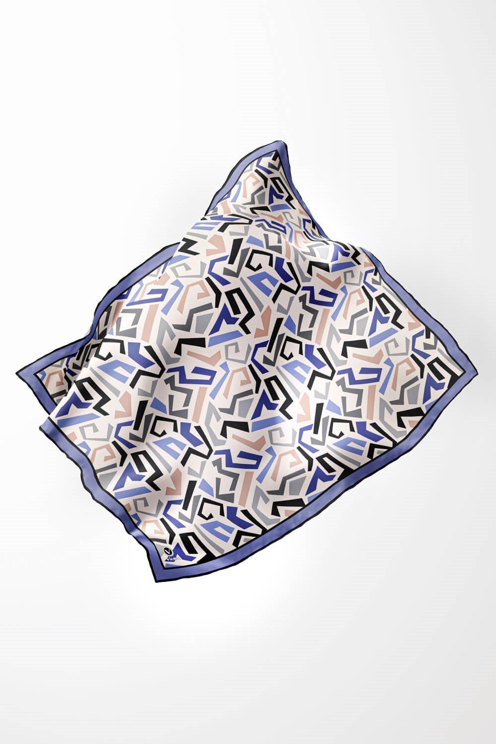 Twill Geometrik Desenli Bebe Mavisi Renkli 90x90 Eşarp (İpek İçermez) Kenar Dikiş Şekli El Dikişli